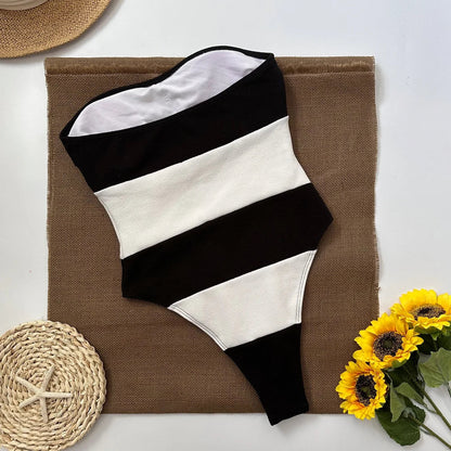 Swimwear- Monochrome Tube One-Piece Swimsuit in Black & White- - IndioGear.com