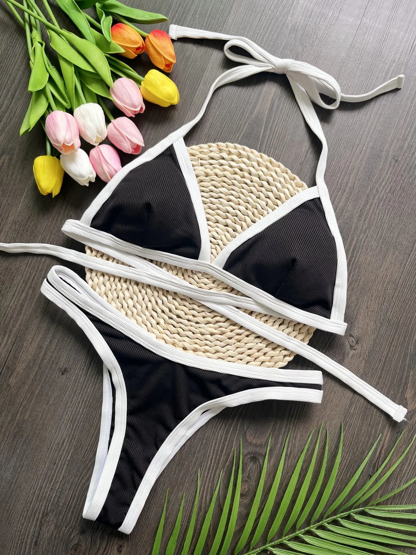 Swimwear- Triangle Bikini Set in Black & White - Ideal for Summer- Black- IndioGear.com