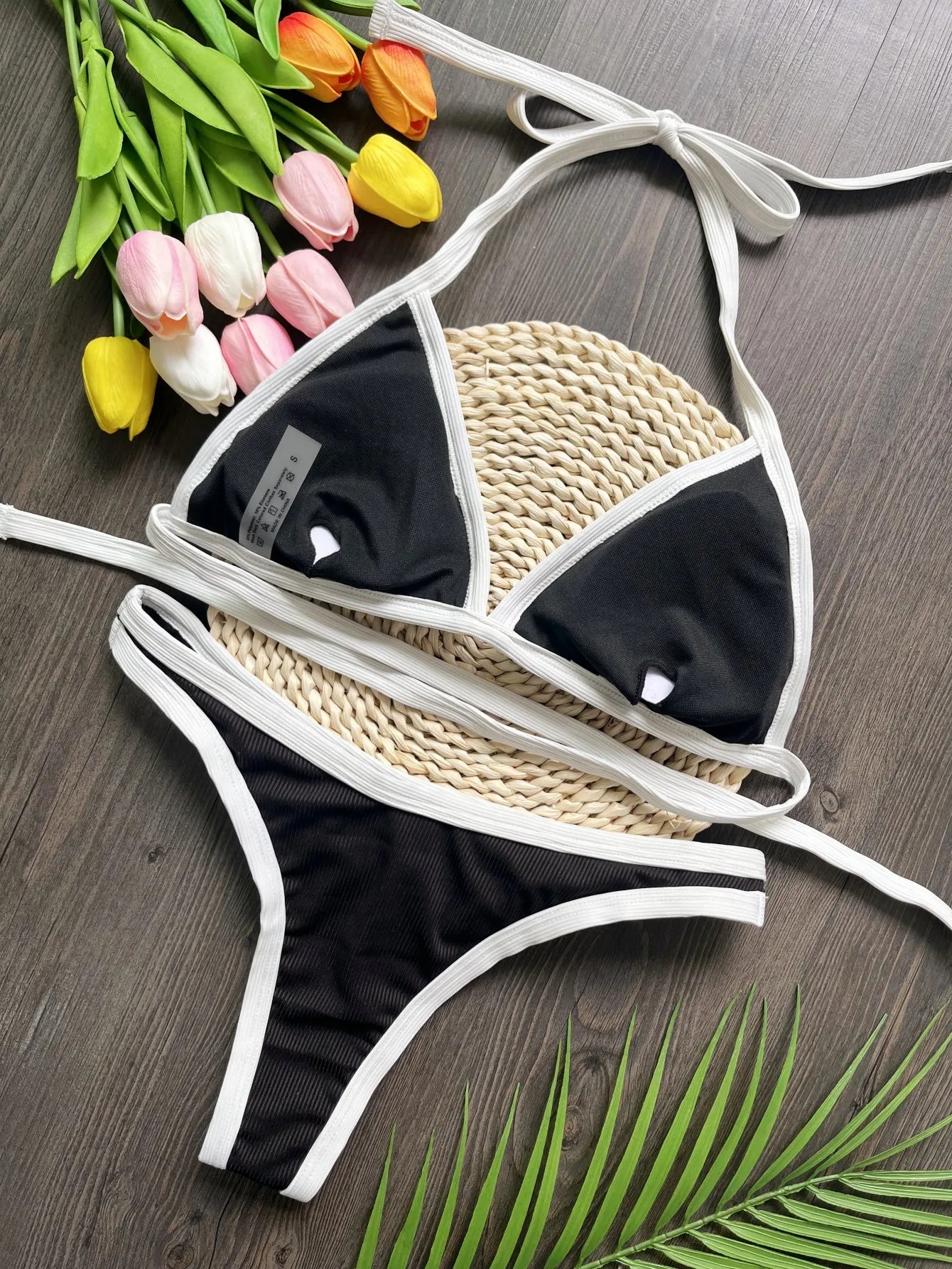 Swimwear- Triangle Bikini Set in Black & White - Ideal for Summer- - IndioGear.com