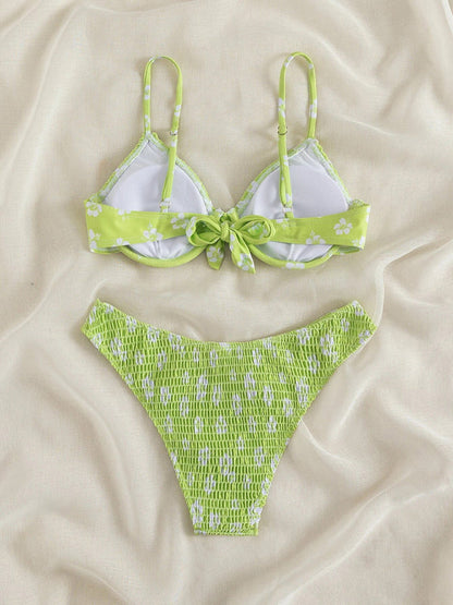 Swimwear- Blossom Floral Ruched 2 Piece Swimsuit Set - Underwire Bra & Bikini- - IndioGear Fashion and Gear