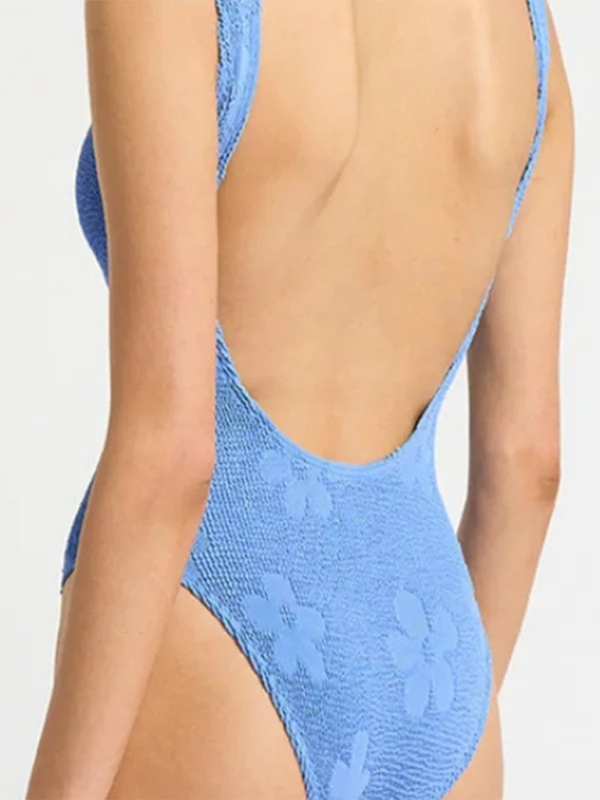 Swimwear- Blue Floral Textured Swimsuit - One-Piece Swimwear- - IndioGear.com