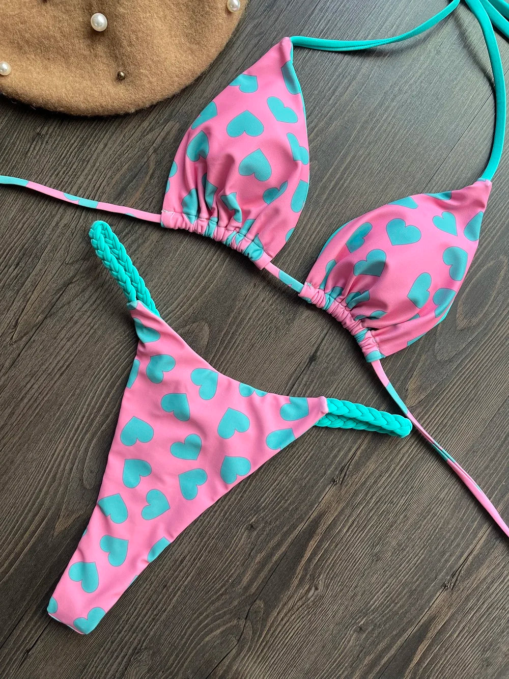 Swimwear- Brazilian Tiger Print Triangle Bra & Braided Micro Bikini 2 Piece Set- Pink- IndioGear Fashion and Gear