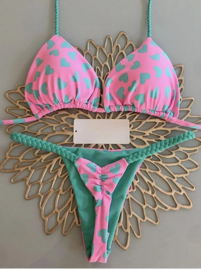 Swimwear- Brazilian Tiger Print Triangle Bra & Braided Micro Bikini 2 Piece Set- - IndioGear Fashion and Gear