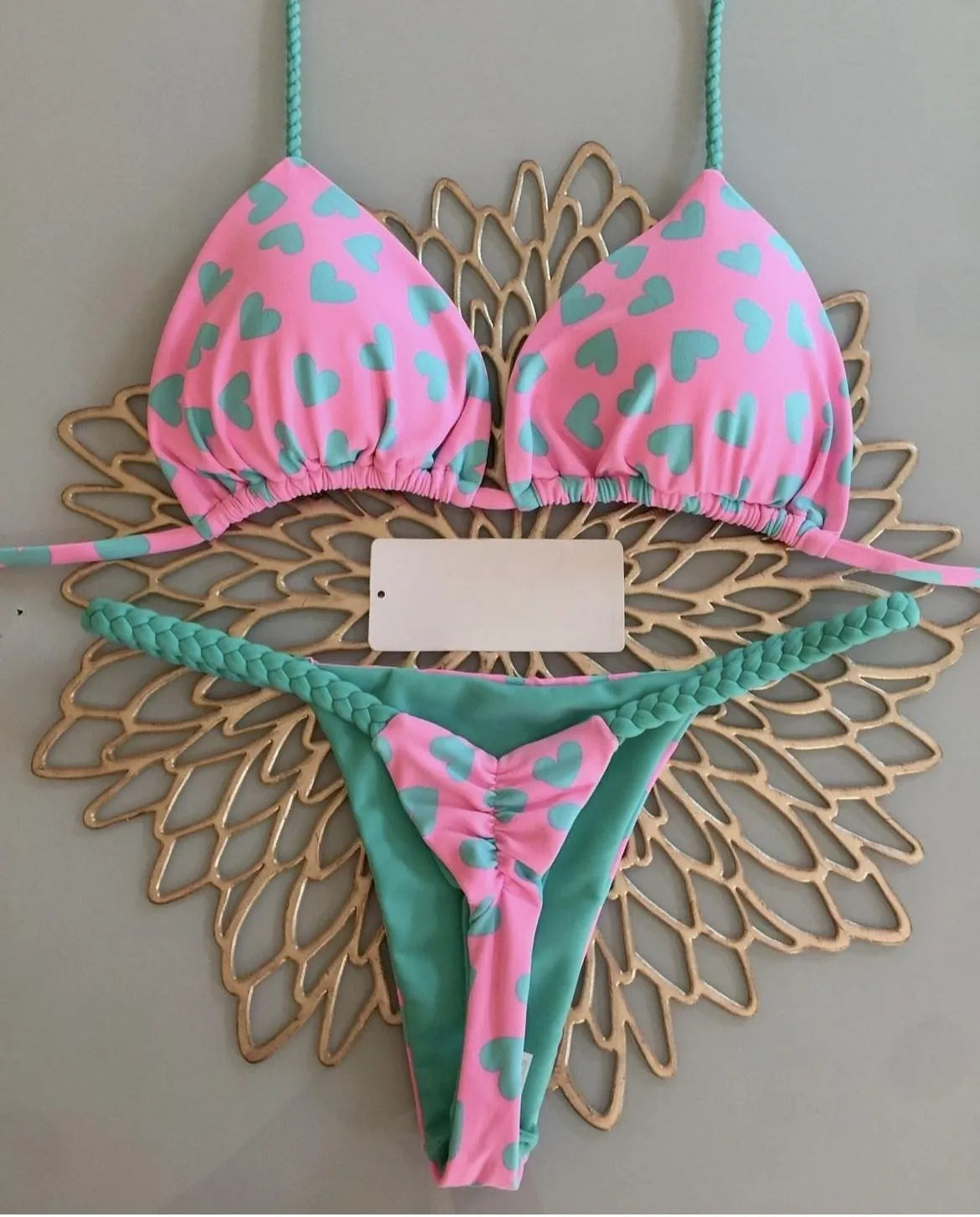 Swimwear- Brazilian Tiger Print Triangle Bra & Braided Micro Bikini 2 Piece Set- - IndioGear Fashion and Gear