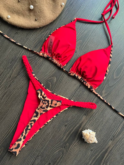 Swimwear- Brazilian Tiger Print Triangle Bra & Braided Micro Bikini 2 Piece Set- - IndioGear Fashion and Gear