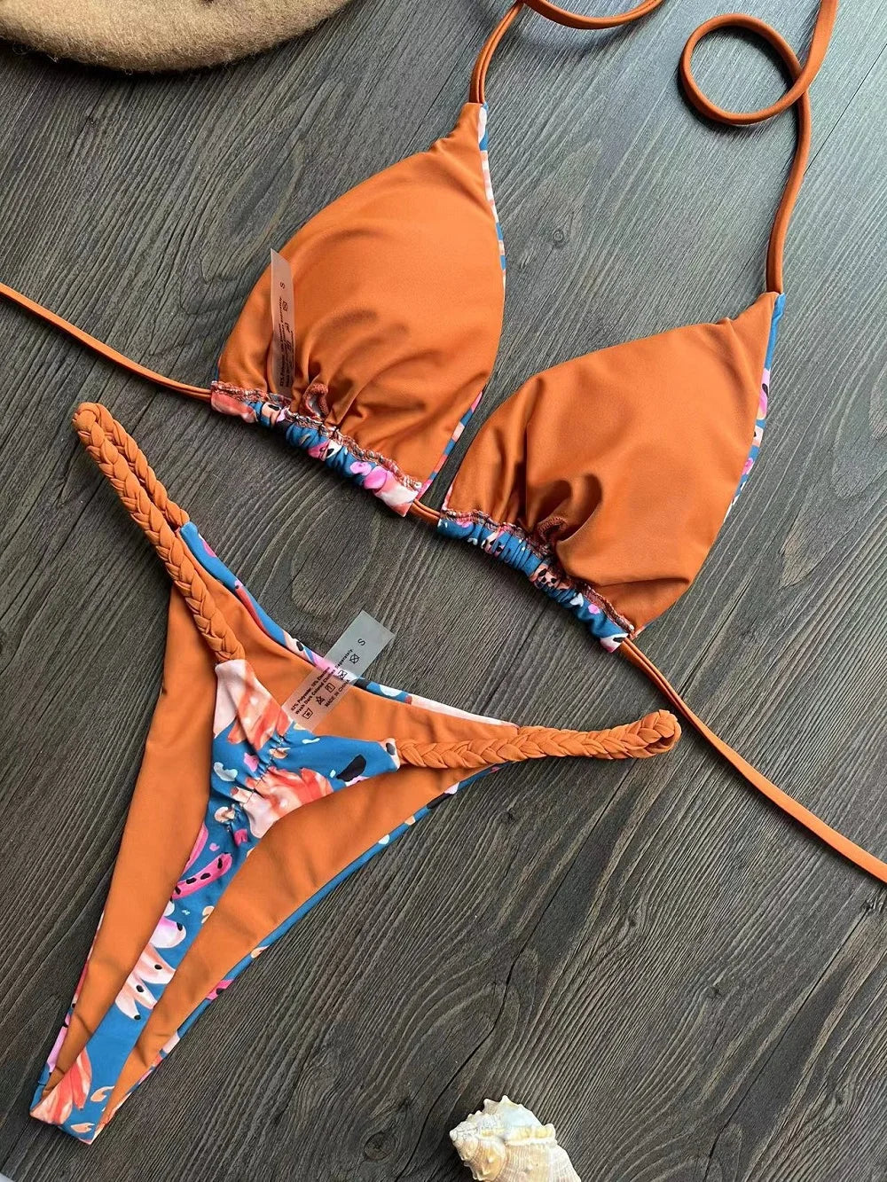 Swimwear- Brazilian Tiger Print Triangle Bra & Braided Micro Bikini 2 Piece Set- - IndioGear Fashion and Gear