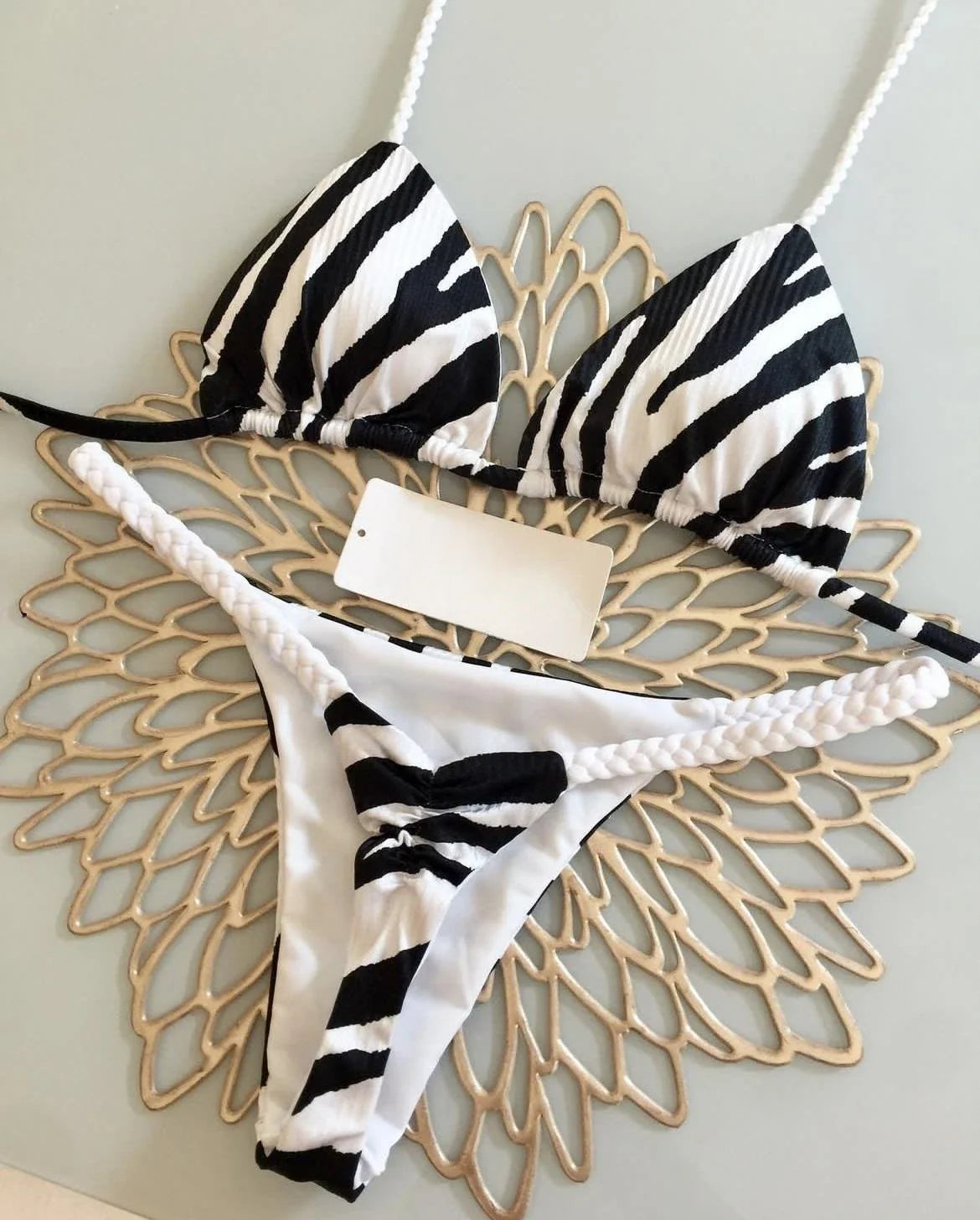 Swimwear- Brazilian Tiger Print Triangle Bra & Braided Micro Bikini 2 Piece Set- Zebra Print- IndioGear Fashion and Gear