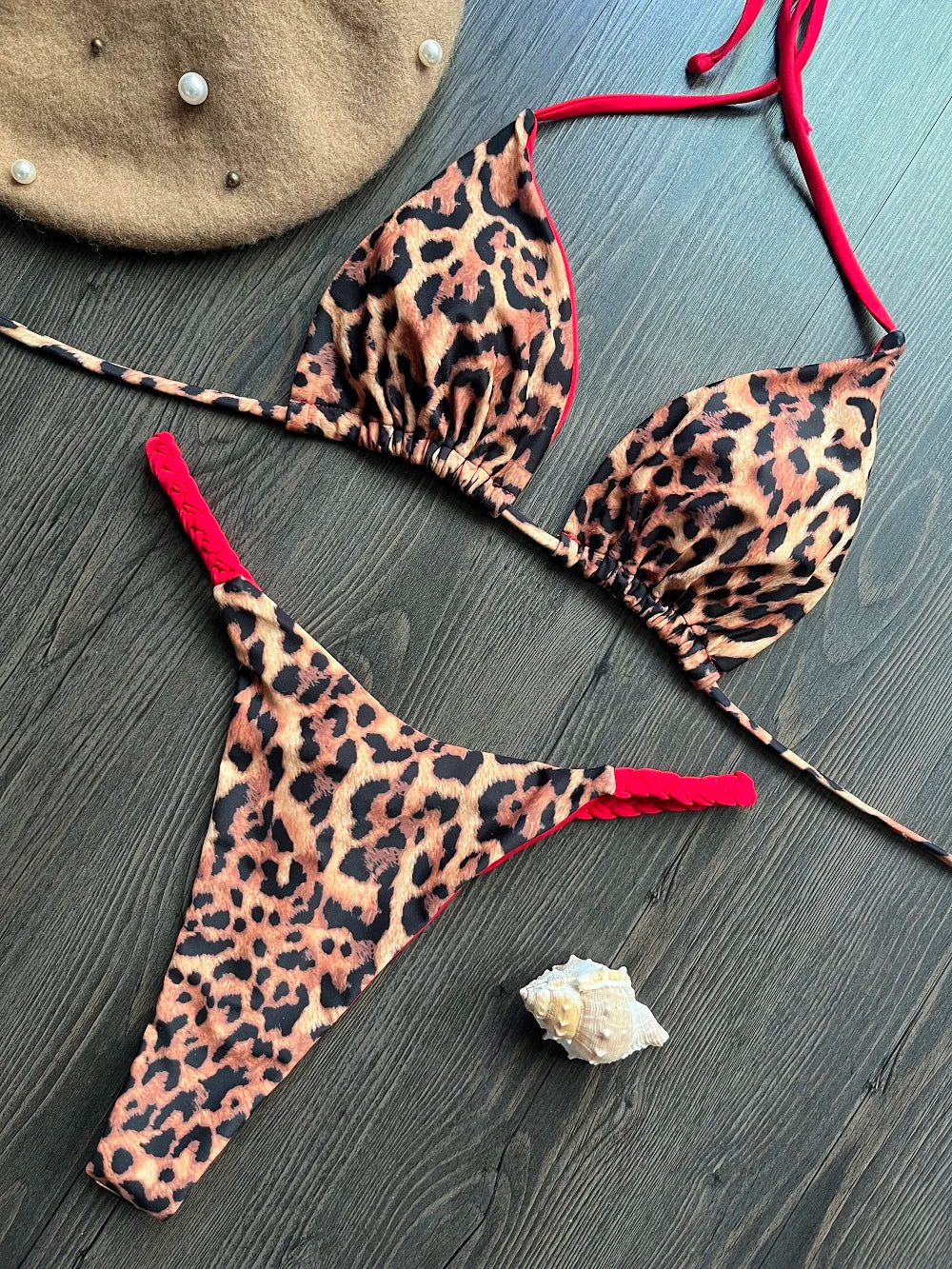 Swimwear- Brazilian Tiger Print Triangle Bra & Braided Micro Bikini 2 Piece Set- Red- IndioGear Fashion and Gear