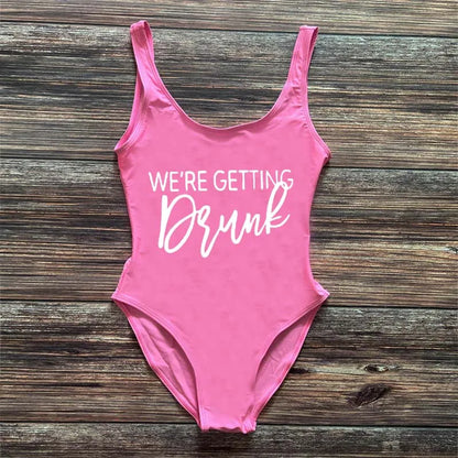 Swimwear- Bridal Squad Getting Married Print One-Piece Swimwear for Brides"- Pink White- IndioGear Fashion and Gear