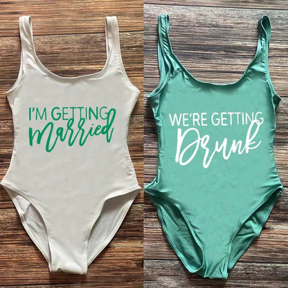 Swimwear- Bridal Squad Getting Married Print One-Piece Swimwear for Brides"- - IndioGear Fashion and Gear