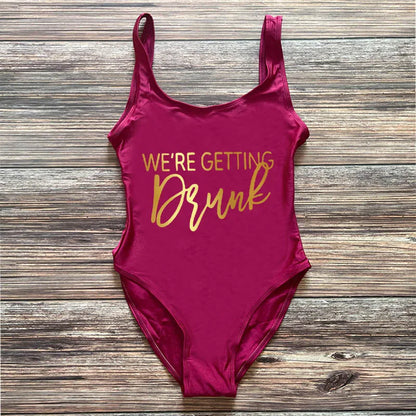 Swimwear- Bridal Squad Getting Married Print One-Piece Swimwear for Brides"- Wine Red Gold- IndioGear Fashion and Gear