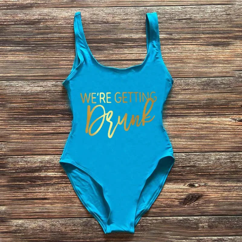 Swimwear- Bridal Squad Getting Married Print One-Piece Swimwear for Brides"- Blue Gold- IndioGear Fashion and Gear