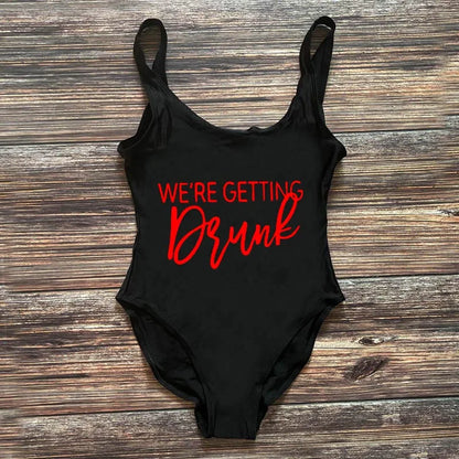 Swimwear- Bridal Squad Getting Married Print One-Piece Swimwear for Brides"- Black Red- IndioGear Fashion and Gear