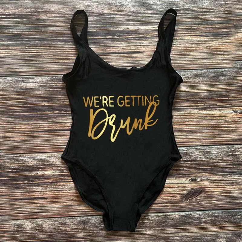 Swimwear- Bridal Squad Getting Married Print One-Piece Swimwear for Brides"- Black Gold- IndioGear Fashion and Gear