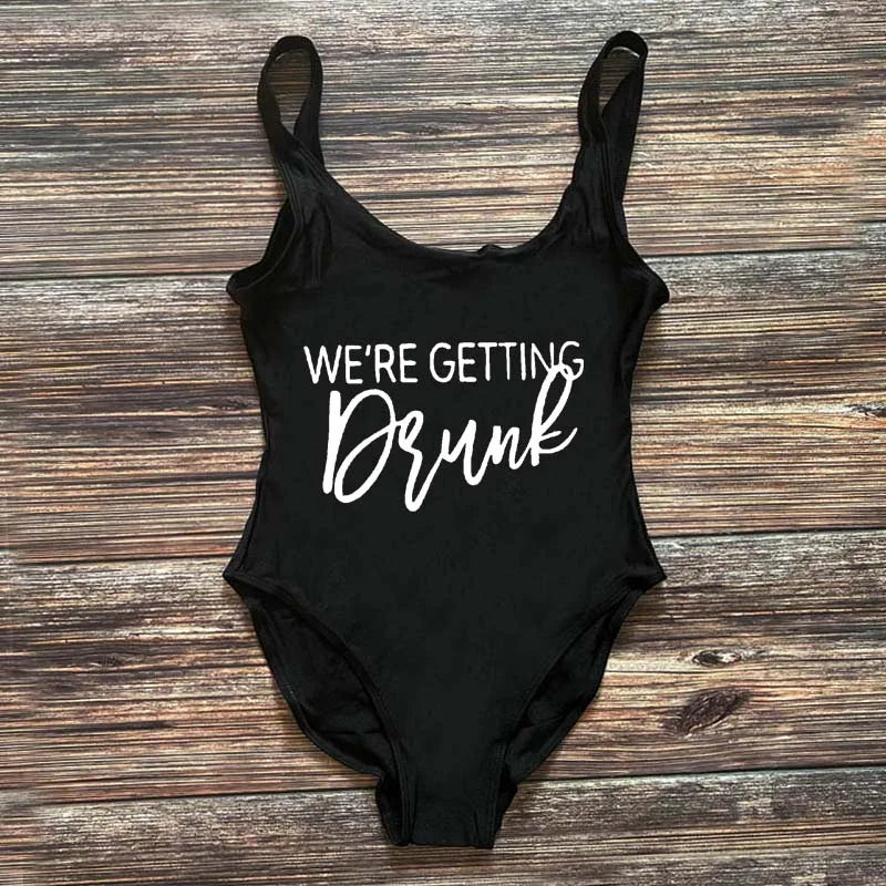 Swimwear- Bridal Squad Getting Married Print One-Piece Swimwear for Brides"- Black White- IndioGear Fashion and Gear