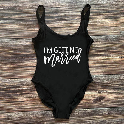 Swimwear- Bridal Squad Getting Married Print One-Piece Swimwear for Brides"- Black White 2- IndioGear Fashion and Gear