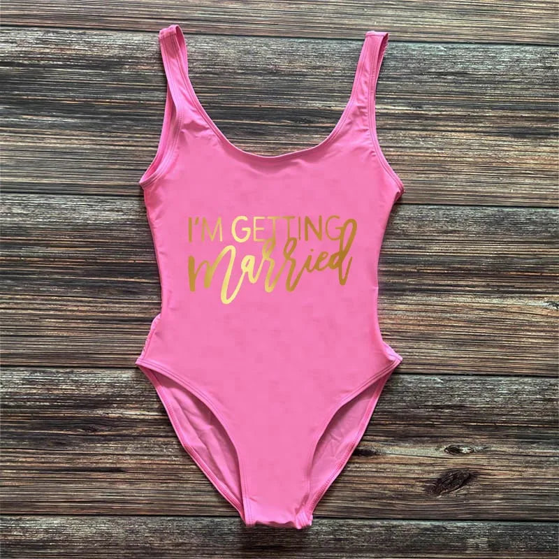 Swimwear- Bridal Squad Getting Married Print One-Piece Swimwear for Brides"- Pink Gold 2- IndioGear Fashion and Gear