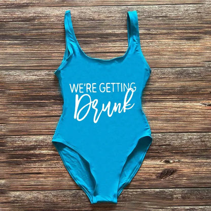 Swimwear- Bridal Squad Getting Married Print One-Piece Swimwear for Brides"- Blue White- IndioGear Fashion and Gear