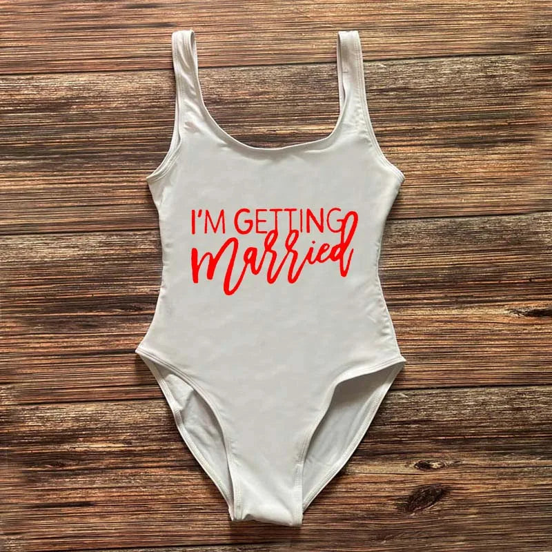 Swimwear- Bridal Squad Getting Married Print One-Piece Swimwear for Brides"- White Red- IndioGear Fashion and Gear