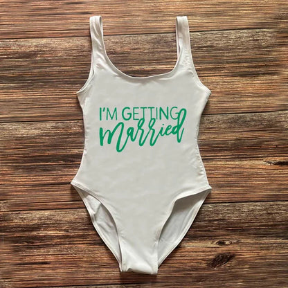 Swimwear- Bridal Squad Getting Married Print One-Piece Swimwear for Brides"- White Green- IndioGear Fashion and Gear