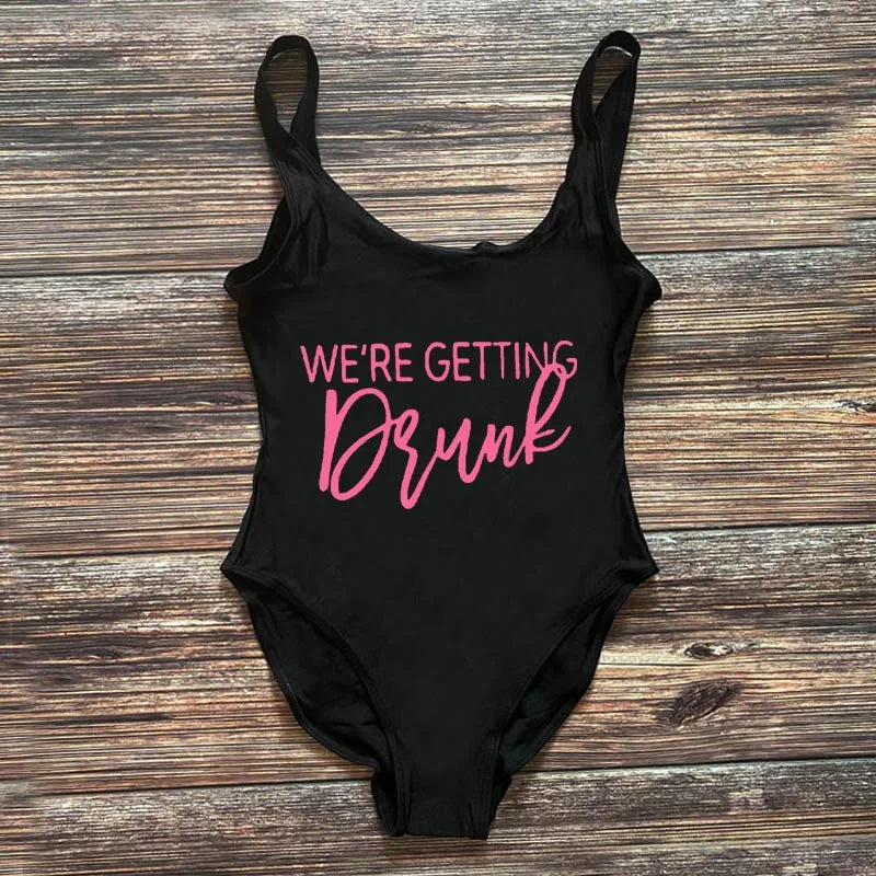 Swimwear- Bridal Squad Getting Married Print One-Piece Swimwear for Brides"- Black Pink- IndioGear Fashion and Gear