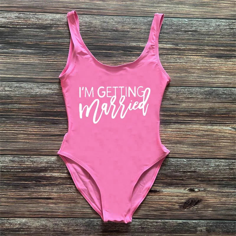 Swimwear- Bridal Squad Getting Married Print One-Piece Swimwear for Brides"- Pink White 2- IndioGear Fashion and Gear