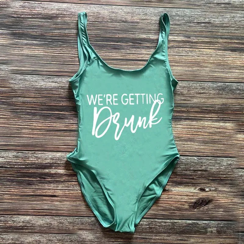 Swimwear- Bridal Squad Getting Married Print One-Piece Swimwear for Brides"- Aqua White- IndioGear Fashion and Gear