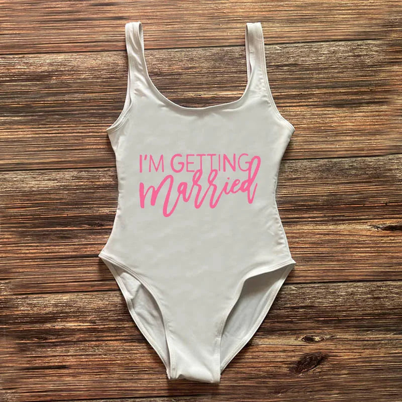 Swimwear- Bridal Squad Getting Married Print One-Piece Swimwear for Brides"- White Pink- IndioGear Fashion and Gear