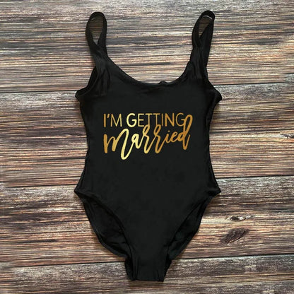 Swimwear- Bridal Squad Getting Married Print One-Piece Swimwear for Brides"- Black Gold 2- IndioGear Fashion and Gear