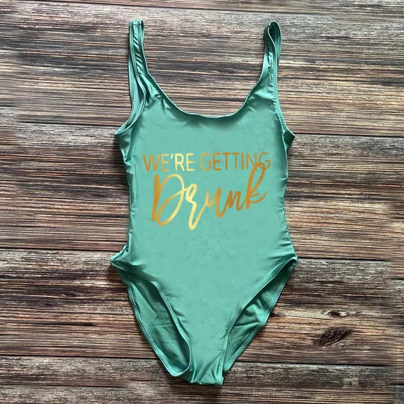 Swimwear- Bridal Squad Getting Married Print One-Piece Swimwear for Brides"- Aqua Gold- IndioGear Fashion and Gear