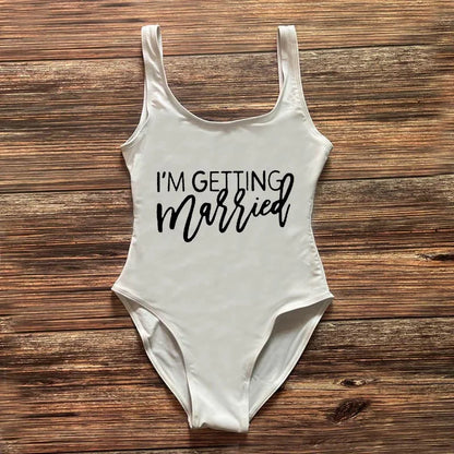 Swimwear- Bridal Squad Getting Married Print One-Piece Swimwear for Brides"- White Black- IndioGear Fashion and Gear