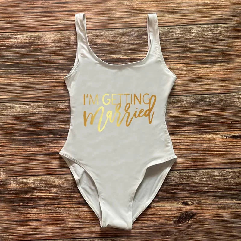 Swimwear- Bridal Squad Getting Married Print One-Piece Swimwear for Brides"- White Gold- IndioGear Fashion and Gear