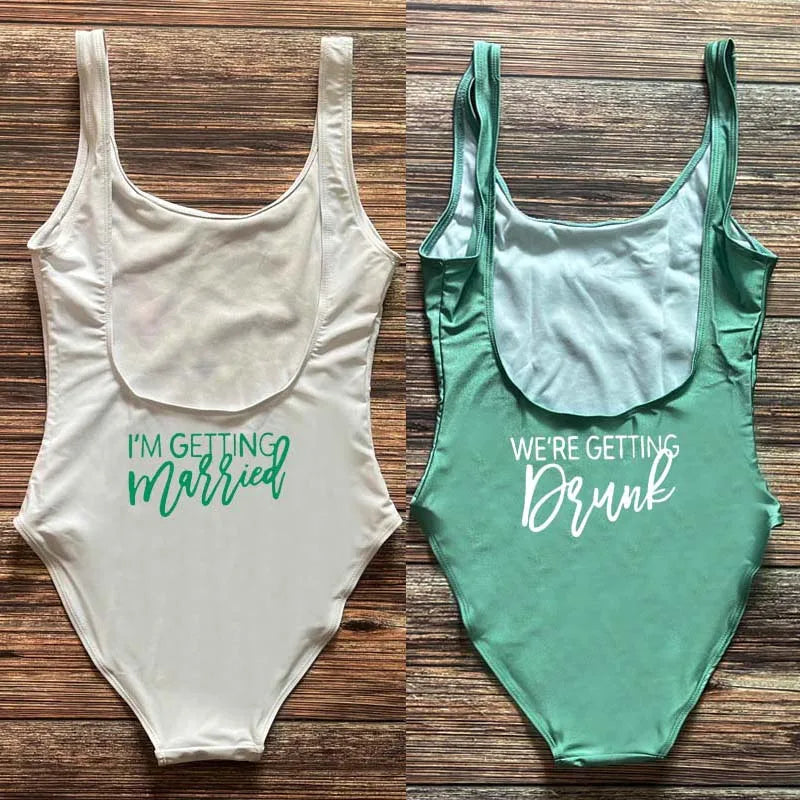 Swimwear- Bridal Squad Getting Married Print One-Piece Swimwear for Brides"- - IndioGear Fashion and Gear