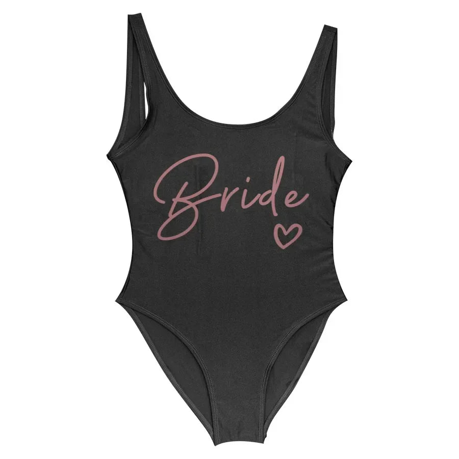 Swimwear- Bride Squad Women's Team Bride Print Swimwear- black bride1- IndioGear Fashion and Gear