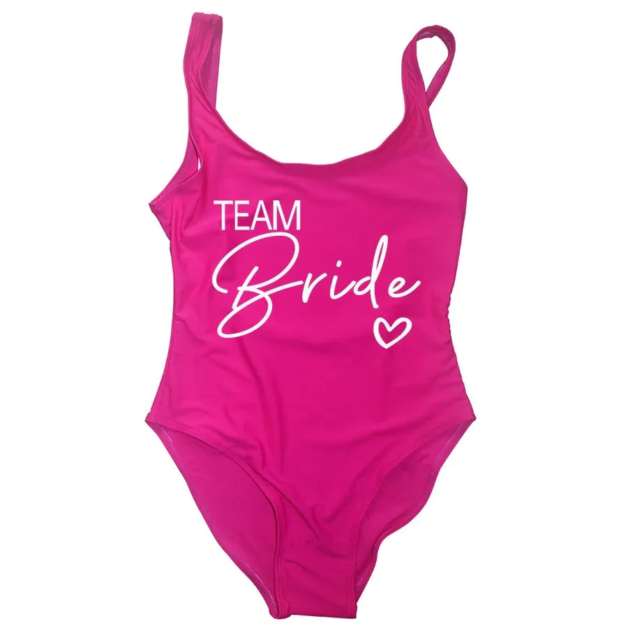 Swimwear- Bride Squad Women's Team Bride Print Swimwear- hot pink1- IndioGear Fashion and Gear