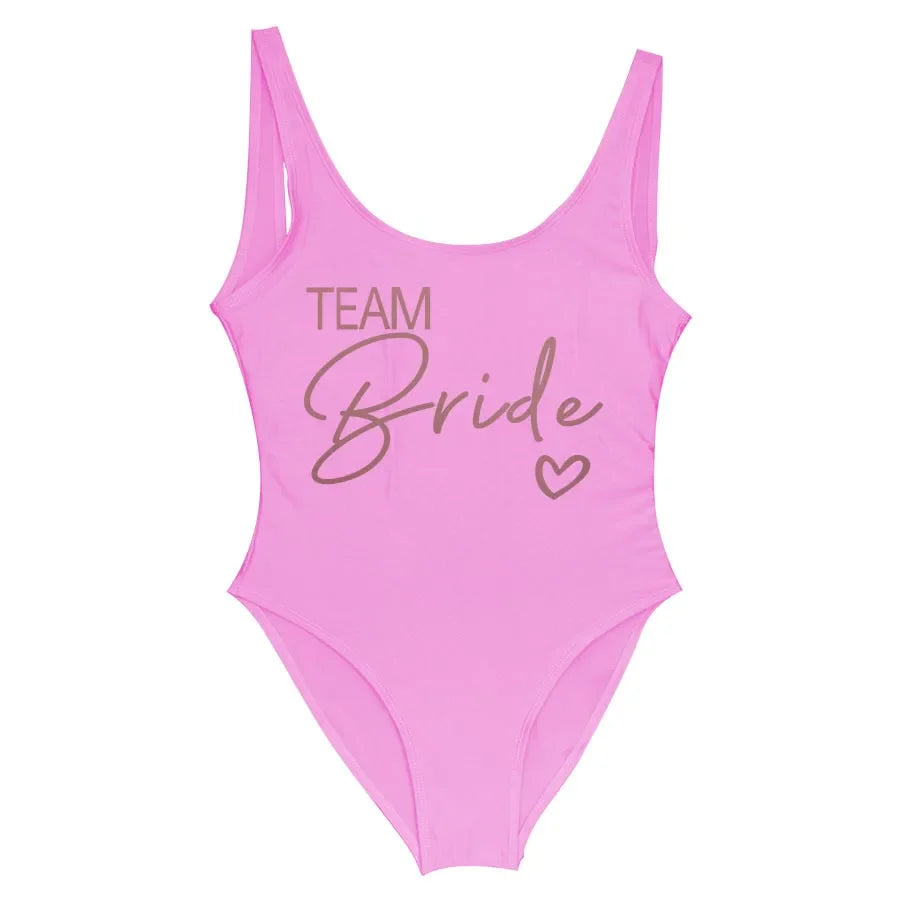 Swimwear- Bride Squad Women's Team Bride Print Swimwear- pink team3- IndioGear Fashion and Gear