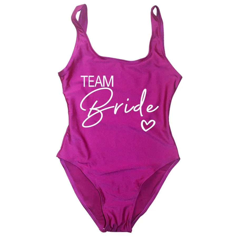 Swimwear- Bride Squad Women's Team Bride Print Swimwear- purple team1- IndioGear Fashion and Gear