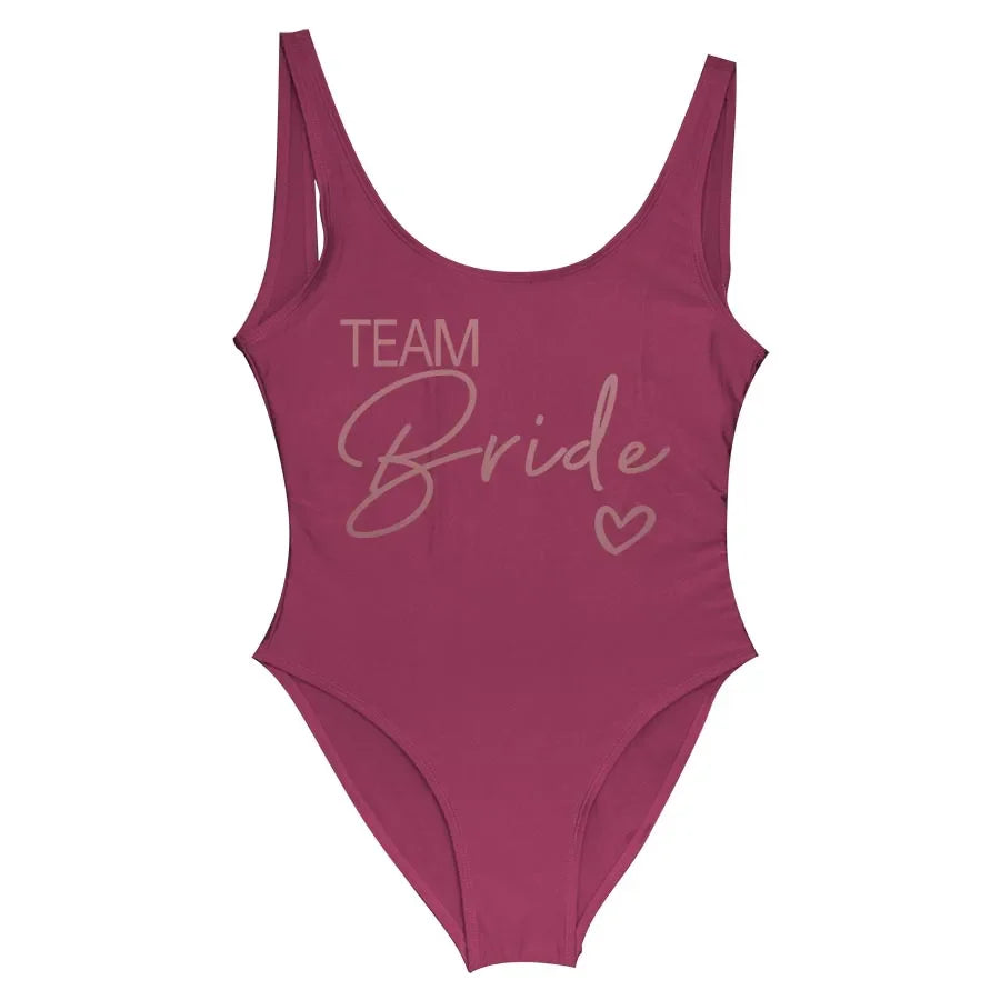 Swimwear- Bride Squad Women's Team Bride Print Swimwear- wine team3- IndioGear Fashion and Gear