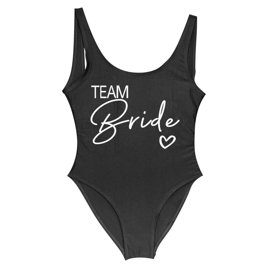 Swimwear- Bride Squad Women's Team Bride Print Swimwear- Black team1- IndioGear Fashion and Gear