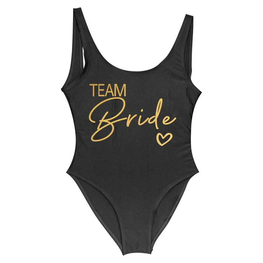 Swimwear- Bride Squad Women's Team Bride Print Swimwear- Black team 2- IndioGear Fashion and Gear