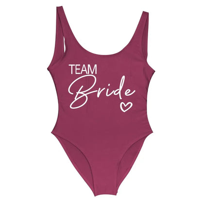 Swimwear- Bride Squad Women's Team Bride Print Swimwear- wine team1- IndioGear Fashion and Gear