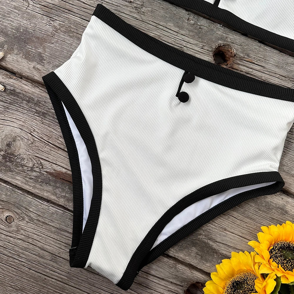 Swimwear- Buttoned Elegant Black & White 2-Piece Swimwear- - Chuzko Women Clothing