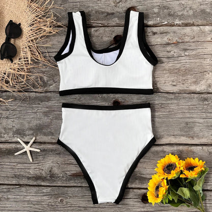 Swimwear- Buttoned Elegant Black & White 2-Piece Swimwear- - Chuzko Women Clothing