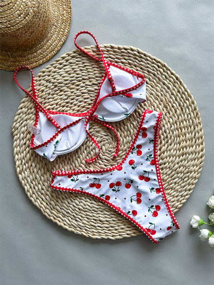 Swimwear- Cherry Print Bikini Sweet Two-Piece Swimsuit- - IndioGear.com