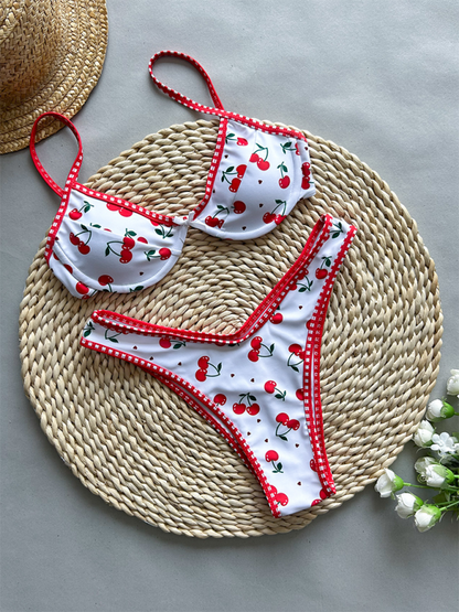 Swimwear- Cherry Print Bikini Sweet Two-Piece Swimsuit- - IndioGear.com