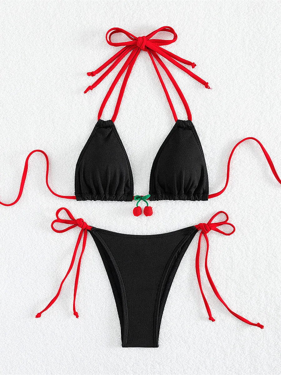 Swimwear- Cherry Swimwear Contrast Tone Triangle Bra & Bikini Set for Beach Days- - IndioGear Fashion and Gear