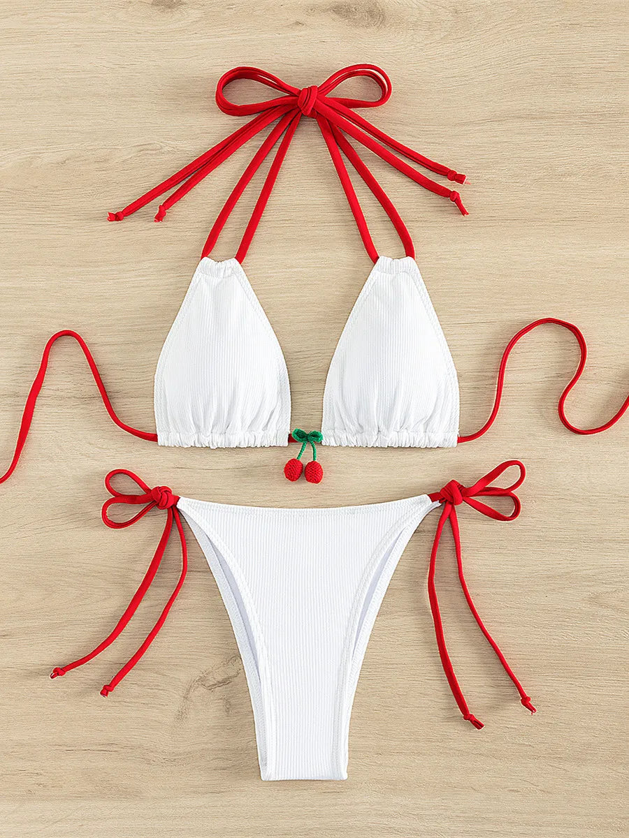 Swimwear- Cherry Swimwear Contrast Tone Triangle Bra & Bikini Set for Beach Days- - IndioGear Fashion and Gear