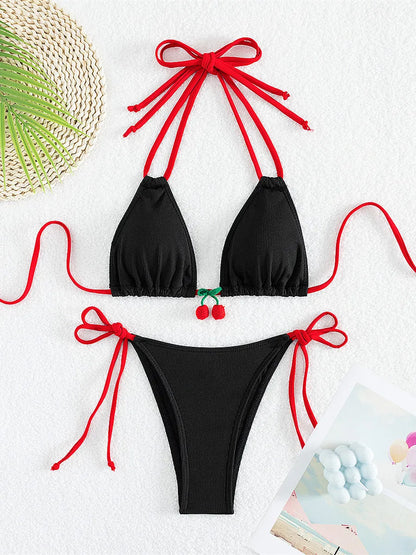 Swimwear- Cherry Swimwear Contrast Tone Triangle Bra & Bikini Set for Beach Days- Black- IndioGear Fashion and Gear