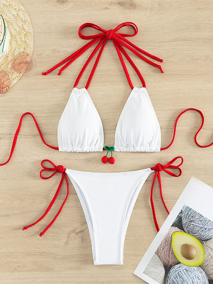 Swimwear- Cherry Swimwear Contrast Tone Triangle Bra & Bikini Set for Beach Days- White- IndioGear Fashion and Gear