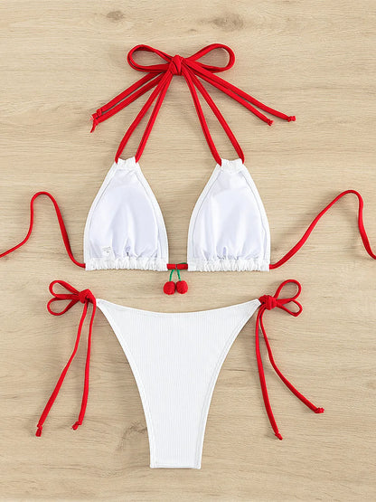 Swimwear- Cherry Swimwear Contrast Tone Triangle Bra & Bikini Set for Beach Days- - IndioGear Fashion and Gear